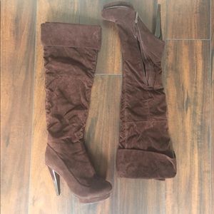 thigh-high suede chocolate brown platform boots
